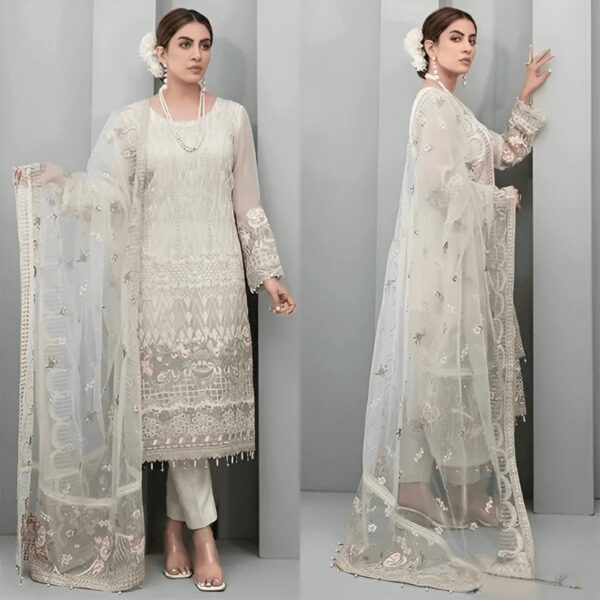 Exquisite White Georgette Pakistani Salwar Kameez – Beautiful White Thread Work Adorns the Whole Dress