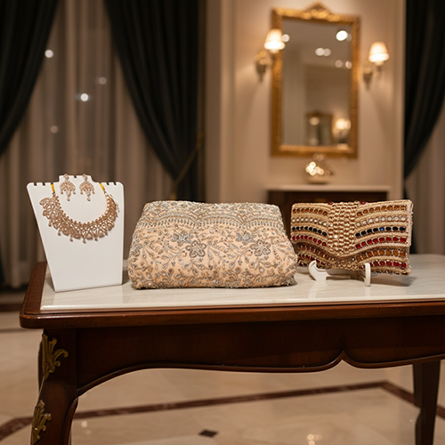 eSufiana (3) Delhi Boutique Dress, Diamond Cut Neckless, Joypuri Party Purse (Combo) - Image 1